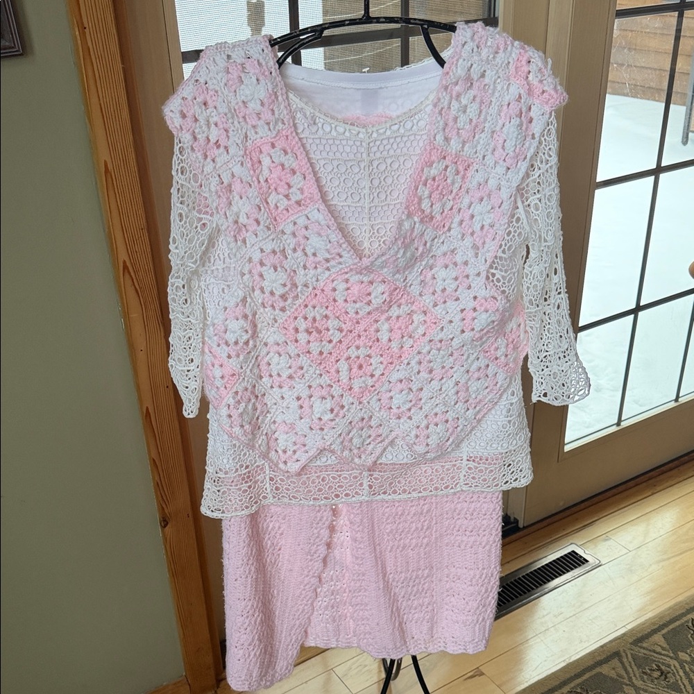 Upcycled Handmade Pink and White Crochet 3pc Skirt,‎ Top and Vest